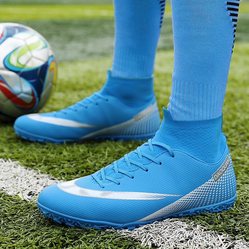 Juodi vyriški žolės dangos futbolo bateliai vaikams, treniruotėms, futbolo batai aukštai kulkšnies, sportiniai sportbačiai, vyriški futsaliniai segtukai, 35–46 dydis, nemokamas pristatymas