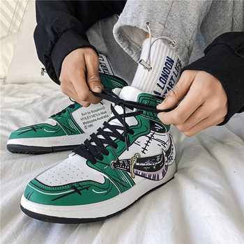 Есенно-зимни модни зелени мъжки аниме обувки Кожени плоски ботуши Високи мъжки маратонки за скейтборд Вулканизирани обувки Zapatillas Skate
