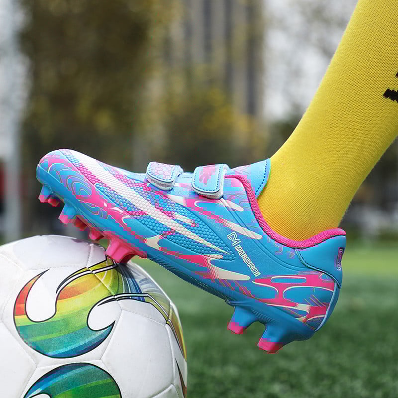 Karstā izpārdošana Zili sarkani FG/TF bērnu futbola zābaki āra Neslīdoši bezšņģīņu futbola apavi pusaudžiem Skolas kedas bērniem zēniem