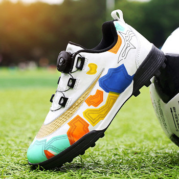 Ново пристигане Оранжев въртящ се бутон Детски футболни обувки TF без връзки Футболни обувки за закрито Детски дишащи тревни маратонки за момчета