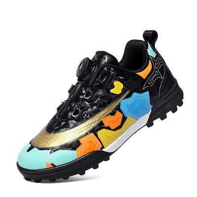 Új érkezett narancssárga Rotary gombos gyerek focicipő TF fűző nélküli beltéri focicipő gyerekeknek légáteresztő füves tornacipő fiúknak