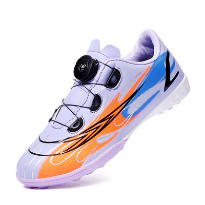 Új érkezett narancssárga Rotary gombos gyerek focicipő TF fűző nélküli beltéri focicipő gyerekeknek légáteresztő füves tornacipő fiúknak