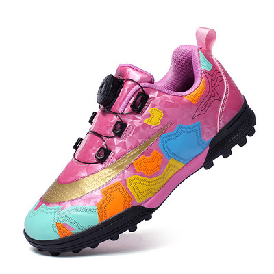 Új érkezett narancssárga Rotary gombos gyerek focicipő TF fűző nélküli beltéri focicipő gyerekeknek légáteresztő füves tornacipő fiúknak