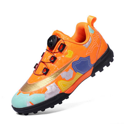 Új érkezett narancssárga Rotary gombos gyerek focicipő TF fűző nélküli beltéri focicipő gyerekeknek légáteresztő füves tornacipő fiúknak