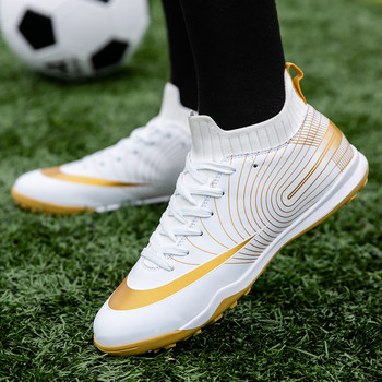 Бели златисти мъжки футболни обувки Високи глезени Спортни футболни обувки на закрито Дамски чорапи Бутони Футболни тренировъчни мъжки футболни обувки 2021