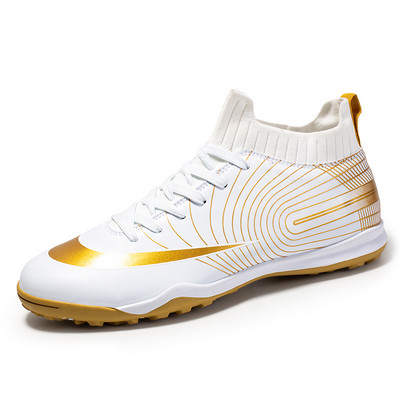 Balta zelta vīriešu futbola zābaki ar augstu potīti iekštelpu sporta futbola apavi Sieviešu zeķes skavas Futbola treniņu vīriešu futbola apavi 2021