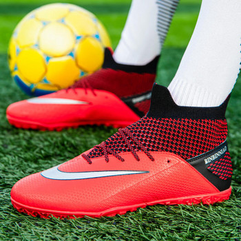 Плетени червени унисекс обувки за футзал Мъжки чорапи Футболни бутли Мъжки професионални спортни футболни маратонки против плъзгане Man botas futbol