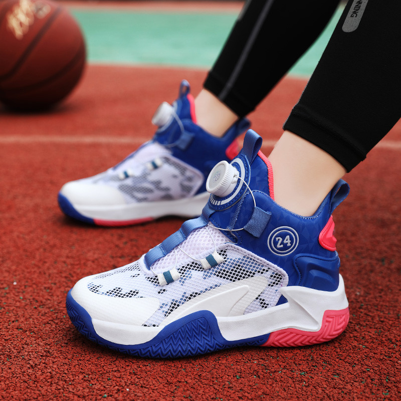 Pöörlevate nööpidega lastejalatsid 2023 Uued laste korvpallijalatsid poistele libisemiskindlad spordijalatsid Kõrge varustusega laste tossud jalatsid