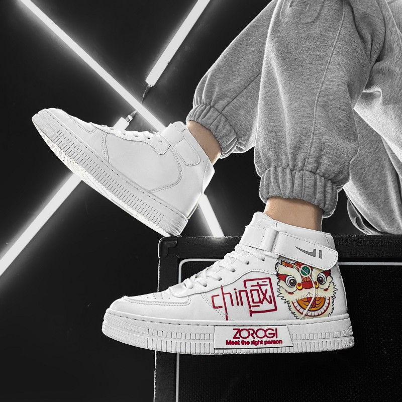 Ķīniešu stila modes druka Baltas skeitborda apavi vīriešiem sievietēm augstas ādas čības vīriešiem plakanas sporta apavi zapatillas hombre