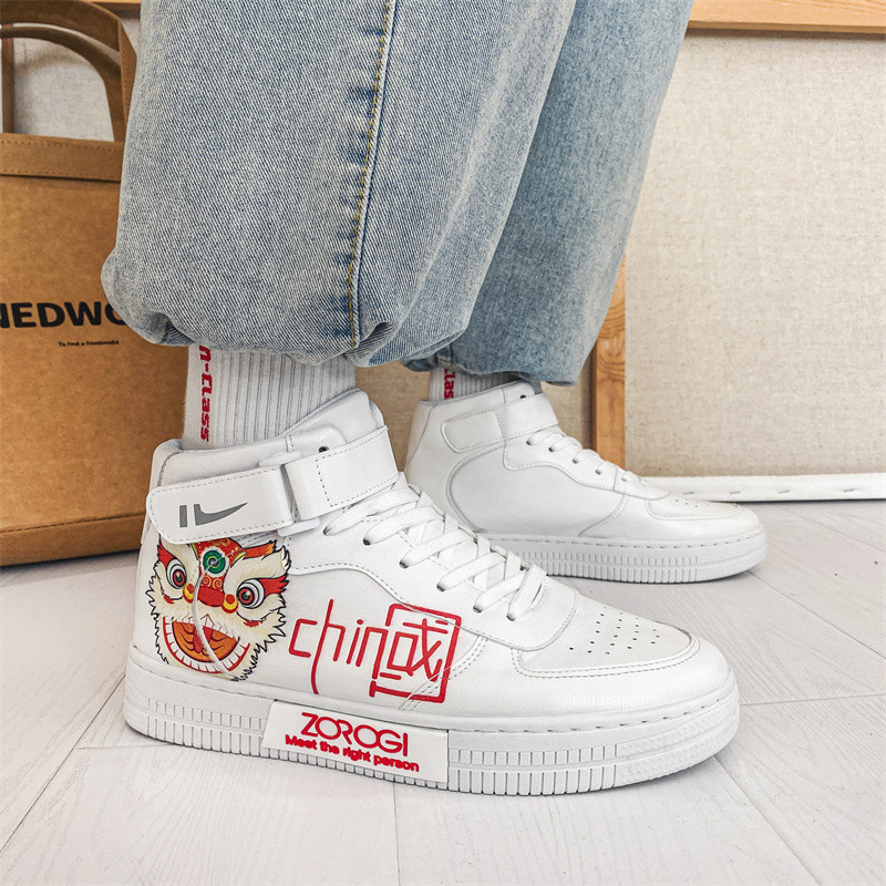 Ķīniešu stila modes druka Baltas skeitborda apavi vīriešiem sievietēm augstas ādas čības vīriešiem plakanas sporta apavi zapatillas hombre