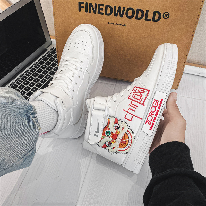 Ķīniešu stila modes druka Baltas skeitborda apavi vīriešiem sievietēm augstas ādas čības vīriešiem plakanas sporta apavi zapatillas hombre