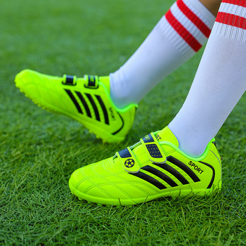 Гореща разпродажба Евтини зелени детски футболни обувки Turf Свръхлеки детски футболни обувки Hook and Loop Размер 28-38 Футболни бутонки Boy