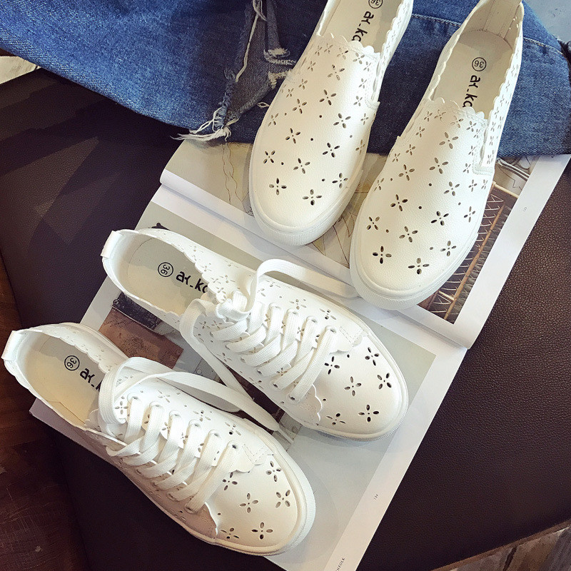 Légáteresztő gördeszkacipők Sporthálós női cipők Lapos fehér női diákpedálos lusta cipők Sneaker bőr cipő