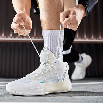 Унисекс бели високи баскетболни обувки Мъжки дишащи външни антишокови масивни баскетболни маратонки Дамски висококачествени маратонки