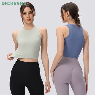 SHINBENE Ribbed Stertch Yoga Running Vest Athletic Gym Tank Tops Women O Neck Slim Workout Fitness Crop Tops Without Padded