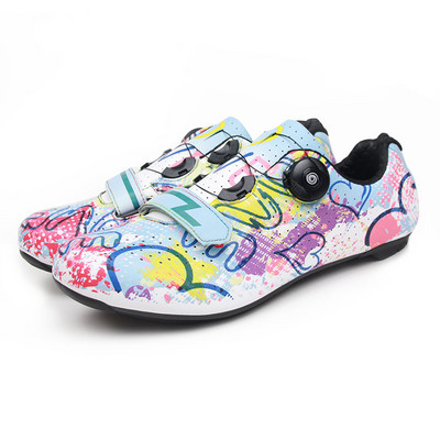 Pantofi de ciclism cu graffiti colorați, unisex, pentru bărbați, pantofi pentru ciclism rutier, pantofi de călărie cu autoblocare SPD, pantofi profesioniști pentru bicicletă, femei