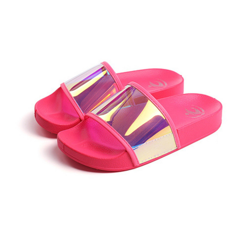 Augstākās modes neona PVC spīdīgi sieviešu apavi varavīksnes čības Bling krāsains spangle sieviešu halāts un čību komplekts čības sievietēm 41