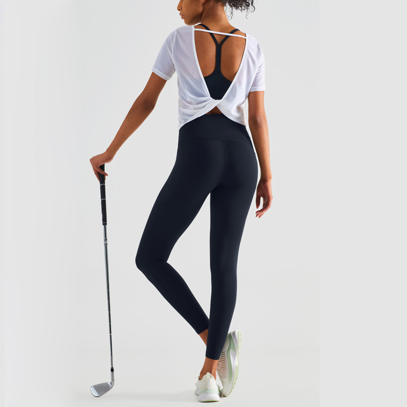 SHINBENE jogas augšdaļa, atvērta mugura, vaļīga krekls, ērts ikdienas fitnesa T-krekls ar īsām piedurknēm apaļu kakla izgriezumu, elpojoša vingrošanas blūze