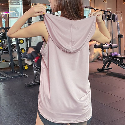 Hooded Vest Sports Top Women Sleeveless Blouse Long Loose Covering Meat Training Yoga Breathable Quick-Drying Fitness Clothes