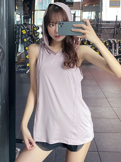 Kapucnis mellény Sportfelső Női Ujjatlan Blúz Hosszú Bő Fedő Hús Edző Jóga Lélegző Gyorsan száradó Fitness Ruhák