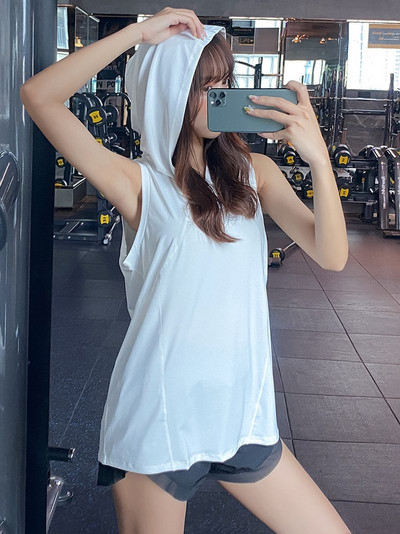 Kapucnis mellény Sportfelső Női Ujjatlan Blúz Hosszú Bő Fedő Hús Edző Jóga Lélegző Gyorsan száradó Fitness Ruhák