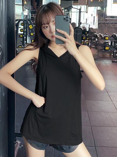 Kapucnis mellény Sportfelső Női Ujjatlan Blúz Hosszú Bő Fedő Hús Edző Jóga Lélegző Gyorsan száradó Fitness Ruhák