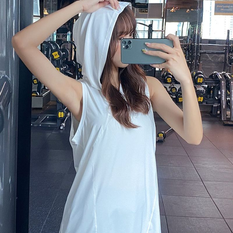 Kapucnis mellény Sportfelső Női Ujjatlan Blúz Hosszú Bő Fedő Hús Edző Jóga Lélegző Gyorsan száradó Fitness Ruhák