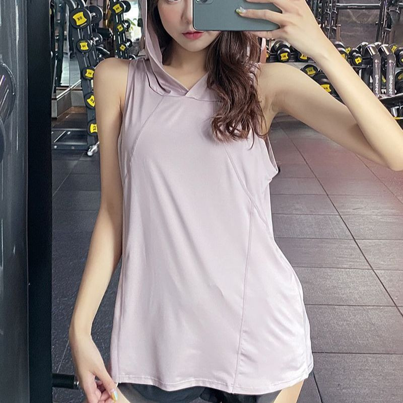 Kapucnis mellény Sportfelső Női Ujjatlan Blúz Hosszú Bő Fedő Hús Edző Jóga Lélegző Gyorsan száradó Fitness Ruhák