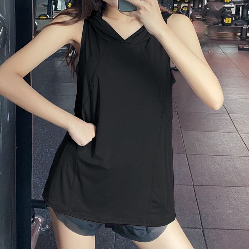 Kapucnis mellény Sportfelső Női Ujjatlan Blúz Hosszú Bő Fedő Hús Edző Jóga Lélegző Gyorsan száradó Fitness Ruhák