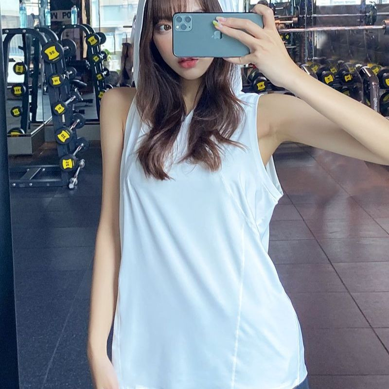 Kapucnis mellény Sportfelső Női Ujjatlan Blúz Hosszú Bő Fedő Hús Edző Jóga Lélegző Gyorsan száradó Fitness Ruhák