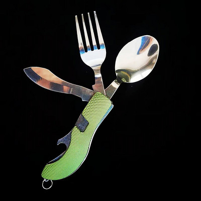 4 vienā daudzfunkcionāli āra galda trauki nerūsējošā tērauda saliekamā dakša karote nazis pikniks kempings pārgājieni ceļojumu trauki