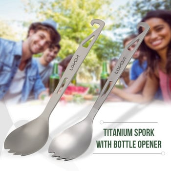 Lixada 2 σε 1 υπαίθριο Titanium Spoon Camping Επιτραπέζιο σκεύος ανοιχτήρι μπουκαλιών Δείπνο πικ-νικ Titanium Spork Fork for Travel Backpacking