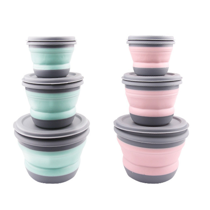 3 db/Szett Összehajtható szilikon étkészlet Hordozható ételtartó salátatál Kemping Utazási Szabadtéri Ételtál kempingezéshez