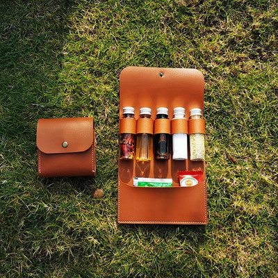 Комплект бутилки за подправки на открито Преносима сгъваема кожена водоустойчива голяма вместимост Къмпинг Туризъм Bushcraft Пикник чанта за барбекю подправки