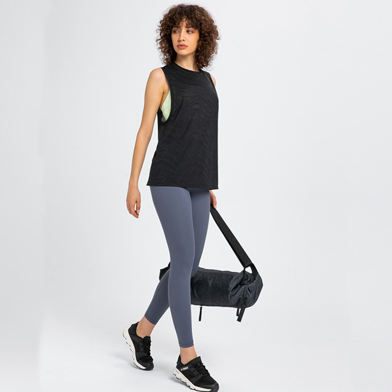 „Mermaid Curve“, 2022 m. pavasario vasara, nauja sportinė laisva žakardo sportinė liemenė, moteriška vienspalvė „O kaklo“ joga „Fitness“ greitai džiūstantys viršutiniai marškinėliai