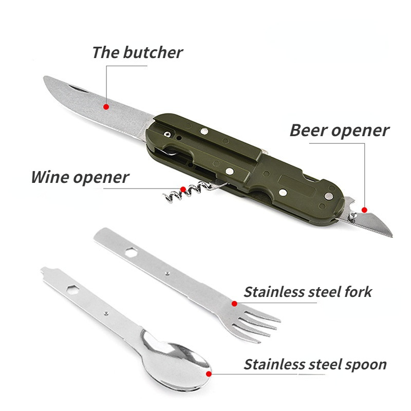 Matkapiknik kaasaskantav roostevabast terasest armee roheline kokkuklapitavad söögiriistad nuga kahvel lusikas pudeliavaja sööginõud lauanõud reisikomplekt