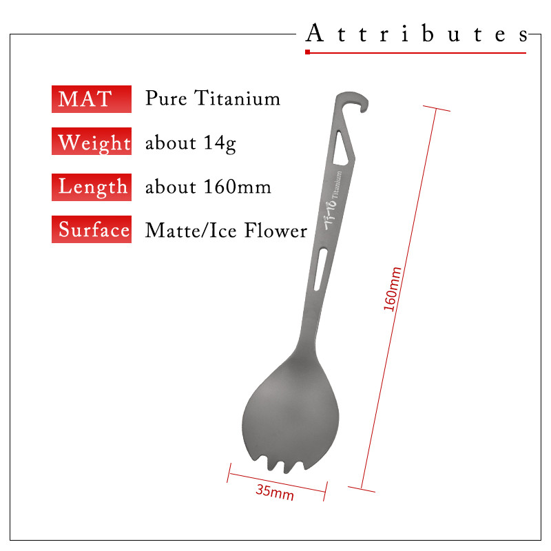 TiTo Ice Flower Surface Outdoor Spork Titanium Camping Flatware Πιρούνι κουταλιού καθαρού τιτανίου με ανοιχτήρι μπουκαλιών Ταξιδιωτικό σακίδιο πλάτη
