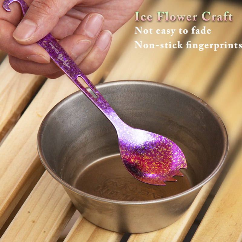 TiTo Ice Flower Surface Outdoor Spork Titanium Camping Flatware Πιρούνι κουταλιού καθαρού τιτανίου με ανοιχτήρι μπουκαλιών Ταξιδιωτικό σακίδιο πλάτη