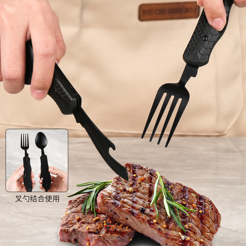 „Trys viename“ daugiafunkcis stovyklavimo indai Nešiojami nerūdijančio plieno sulankstomi šaukštai, šakutės, peilis, butelių atidarytuvas, kombinuotasis kuprinių stalo įrankių rinkinys