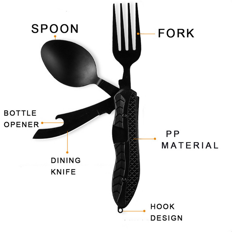 „Trys viename“ daugiafunkcis stovyklavimo indai Nešiojami nerūdijančio plieno sulankstomi šaukštai, šakutės, peilis, butelių atidarytuvas, kombinuotasis kuprinių stalo įrankių rinkinys