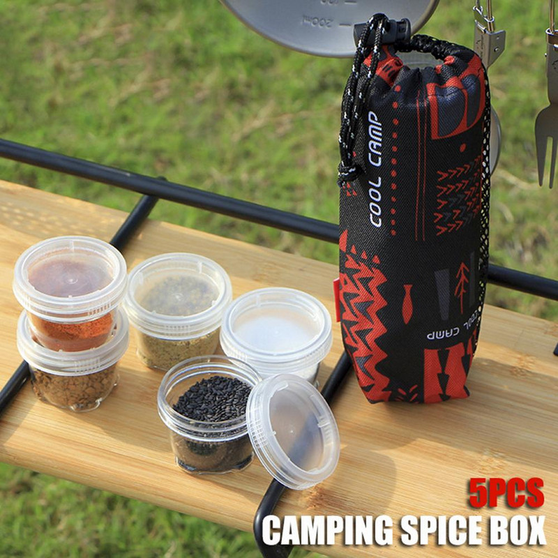 5gab Caurspīdīga garšvielu kastīte Pārnēsājamas garšvielu burkas komplekts Garšvielu podi uzglabāšanas konteiners Kempinga garšvielu uzglabāšanas kaste ar maisiņu