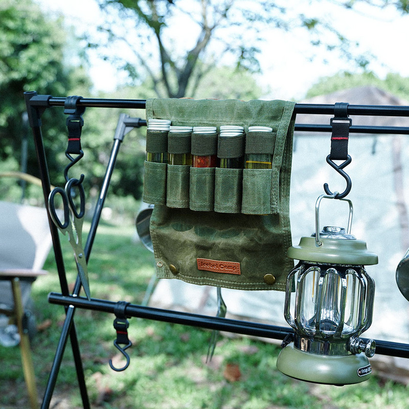 Āra garšvielu pudeļu komplekts Pārnēsājams saliekams vaska audekls Ūdensizturīgs liela ietilpība kempings pārgājieni Bushcraft piknika grila garšvielu maisiņš