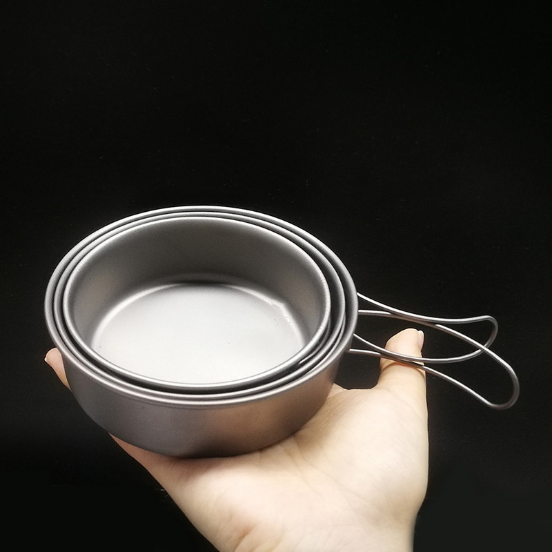 TOMSHOO 3GAB titāna vakariņu panna Titāna bļodu komplekts īpaši viegla panna ar salokāmiem rokturiem āra kempinga pārgājienu piknikam