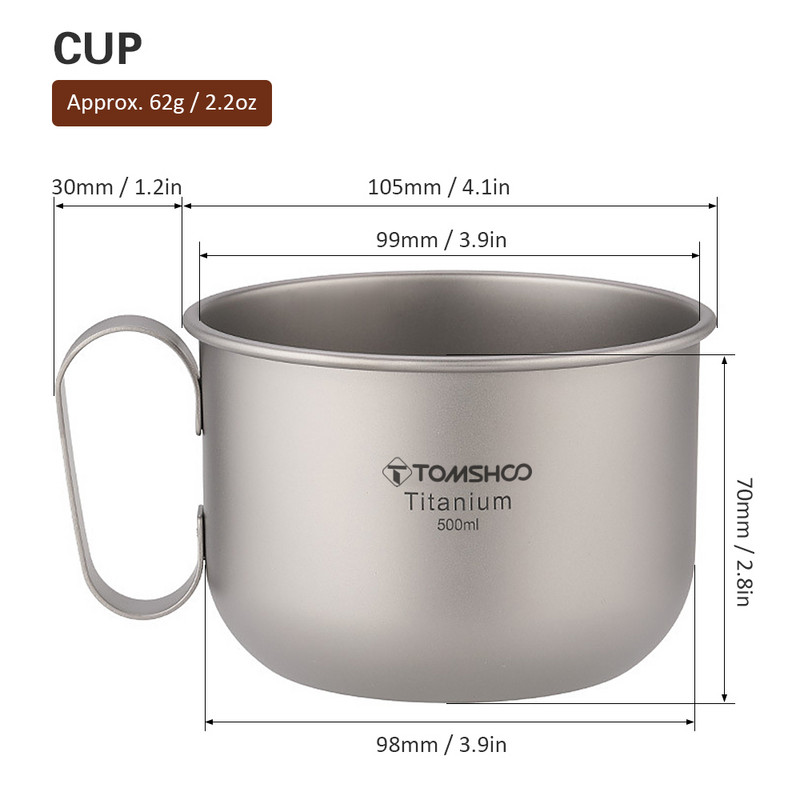 TOMSHOO Titanium Cup āra krūze ar vāku Kafijas tase mugursoma Pārgājieni Kempings Galda piederumi Ceļošana