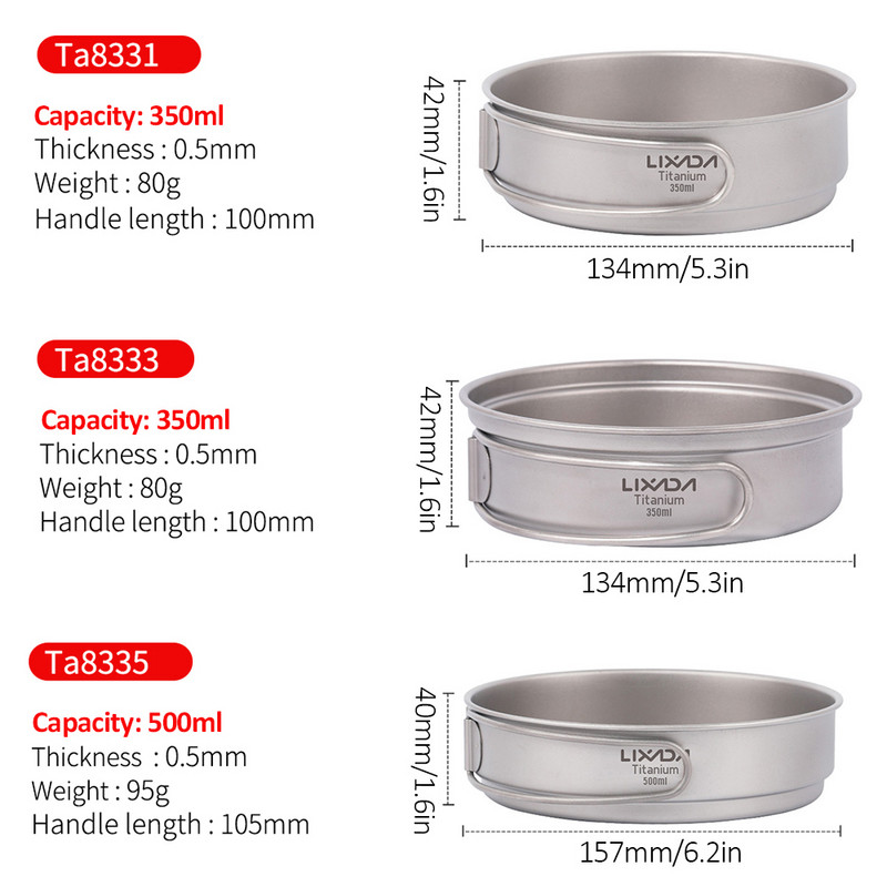 Lixada 350 ml/500 ml īpaši viegla titāna cepeškrāsns āra kempings pārgājieniem pikniks mugursoma gatavošanas panna ar salokāmiem rokturiem