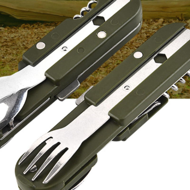 Nerūsējošā tērauda ceļojumu komplekts Pārnēsājams armijas zaļš salokāms kempings piknika galda piederumi nazis dakša karote pudeļu attaisītājs trauki galda piederumi