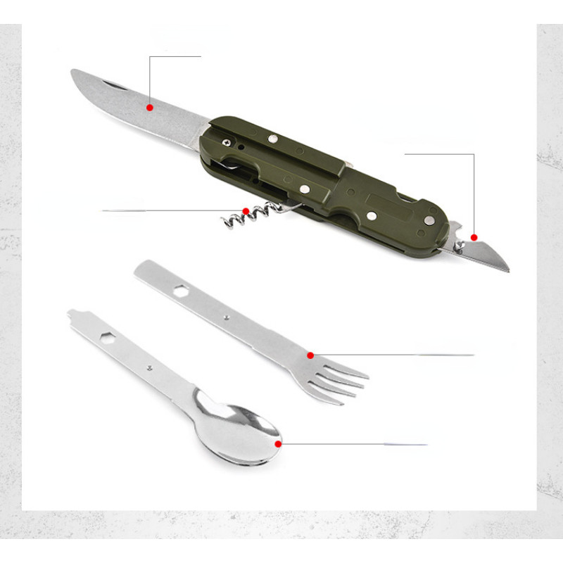 Nerūsējošā tērauda ceļojumu komplekts Pārnēsājams armijas zaļš salokāms kempings piknika galda piederumi nazis dakša karote pudeļu attaisītājs trauki galda piederumi