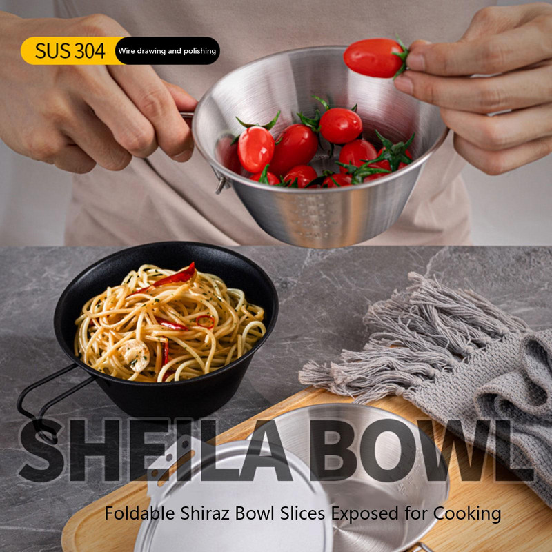 Titāna bļoda ar salokāmu rokturi āra kempingiem, pārgājieniem, piknikam, nerūsējošā tērauda bļodām