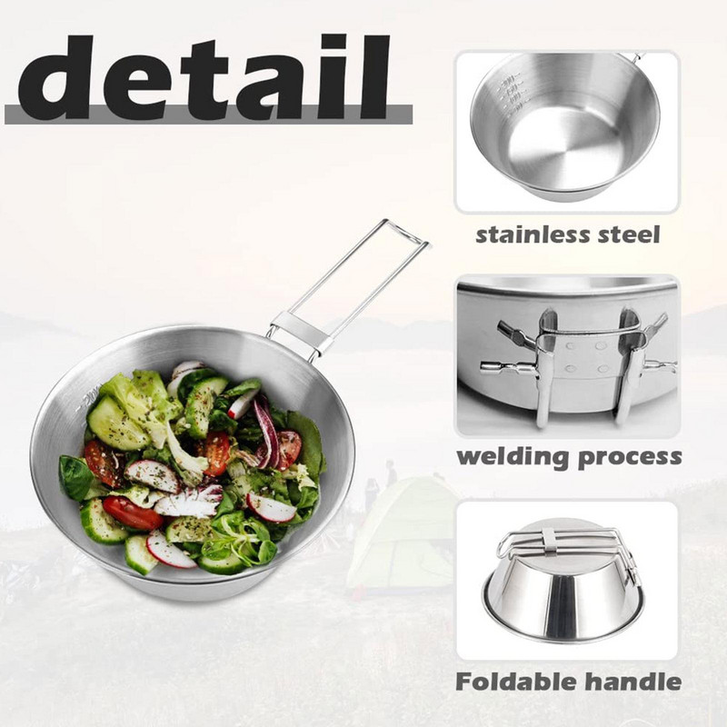 Titāna bļoda ar salokāmu rokturi āra kempingiem, pārgājieniem, piknikam, nerūsējošā tērauda bļodām