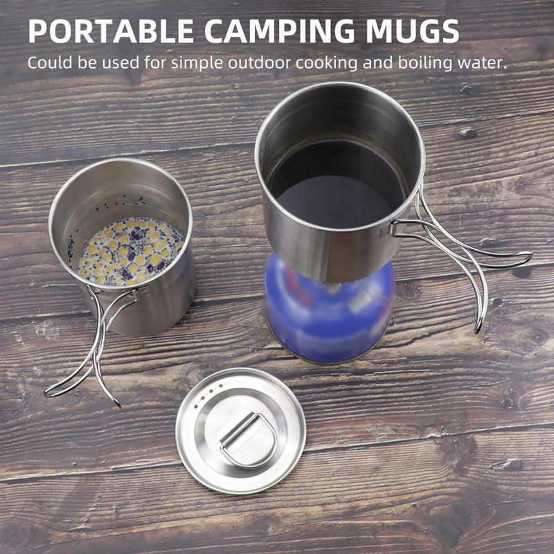 Komplekts ar 2 sakraujamām kempinga krūzēm nerūsējošā tērauda kempinga krūzes kafijas krūze ar salokāmu rokturi āra makšķerēšanai